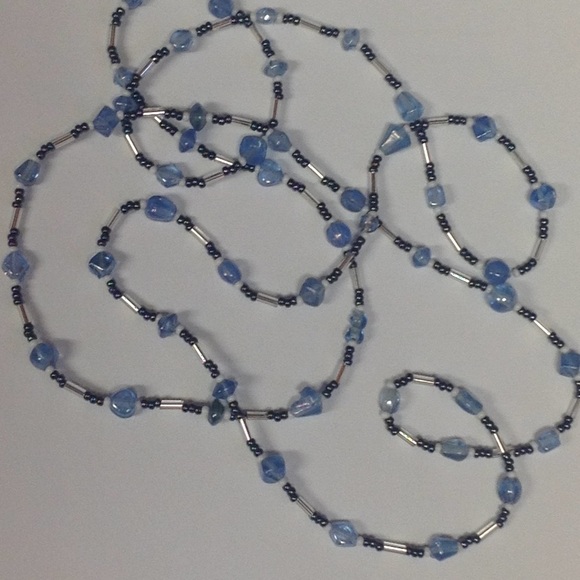 Long LightWeight Beaded Necklace, small Blue beads, smaller micro seed beads - Picture 2 of 7